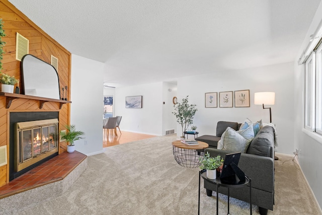 6540 Zealand Ave N, Brooklyn Park, MN 55428 - carpeted living room featuring a fireplace and wood walls