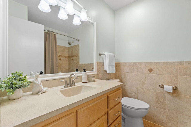 6540 Zealand Ave N, Brooklyn Park, MN 55428 - full bath featuring vanity, tile walls, curtained shower, and a wainscoted wall