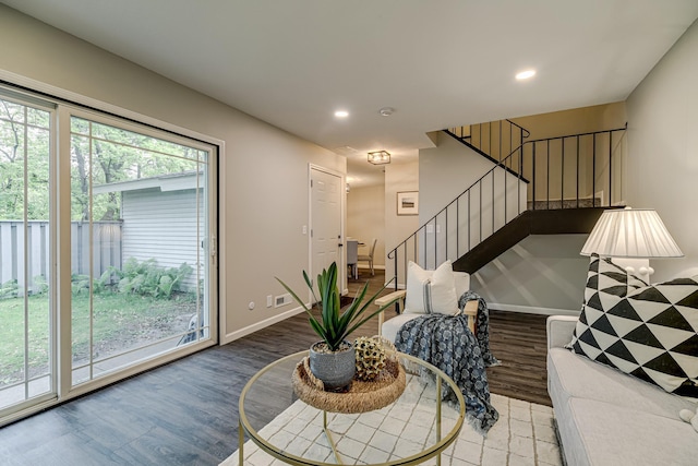 1034 Carmel Ct, Shoreview, MN 55126 - living room with stairs, wood finished floors, recessed lighting, and baseboards