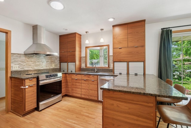 10933 Chowen Ave S, Bloomington, MN 55431 - kitchen featuring appliances with stainless steel finishes, wall chimney range hood, brown cabinetry, a sink, and recessed lighting