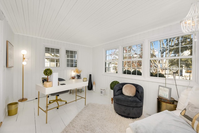 150 1st St, Excelsior, MN 55331 - home office with crown molding, a chandelier, and wooden ceiling
