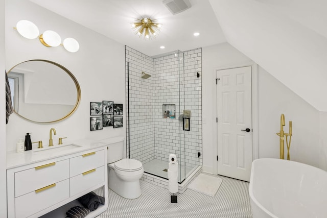 150 1st St, Excelsior, MN 55331 - full bath with a stall shower, a freestanding bath, vanity, vaulted ceiling, and toilet