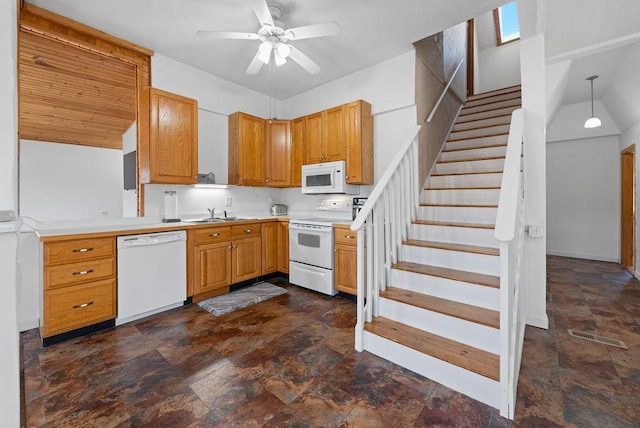 408 State St E, Grey Eagle, MN 56336 - kitchen with white appliances, a ceiling fan, light countertops, and stone finish floors