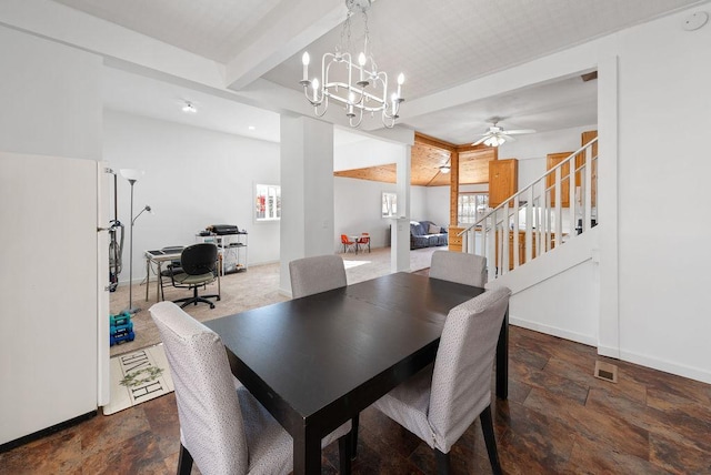 408 State St E, Grey Eagle, MN 56336 - dining space with beam ceiling, stairway, ceiling fan, a chandelier, and stone finish flooring