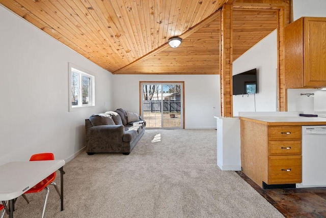 408 State St E, Grey Eagle, MN 56336 - living area with wooden ceiling, vaulted ceiling, baseboards, and dark carpet