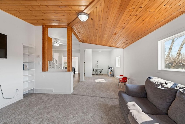408 State St E, Grey Eagle, MN 56336 - living area featuring carpet floors, wood ceiling, stairway, lofted ceiling, and a ceiling fan