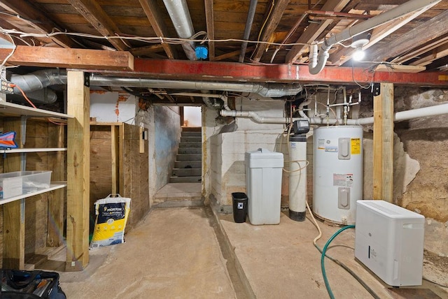 408 State St E, Grey Eagle, MN 56336 - unfinished below grade area with electric water heater, a water softener system, and stairs