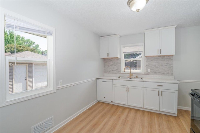 1637 37th Ave NE, Columbia Heights, MN 55421 - kitchen featuring a sink, white dishwasher, light wood-type flooring, decorative backsplash, and white cabinetry