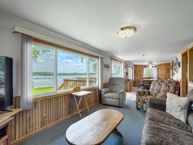 46427 Cambridge Dr, Stanchfield, MN 55080 - living room with wood walls, a water view, carpet floors, wainscoting, and a ceiling fan