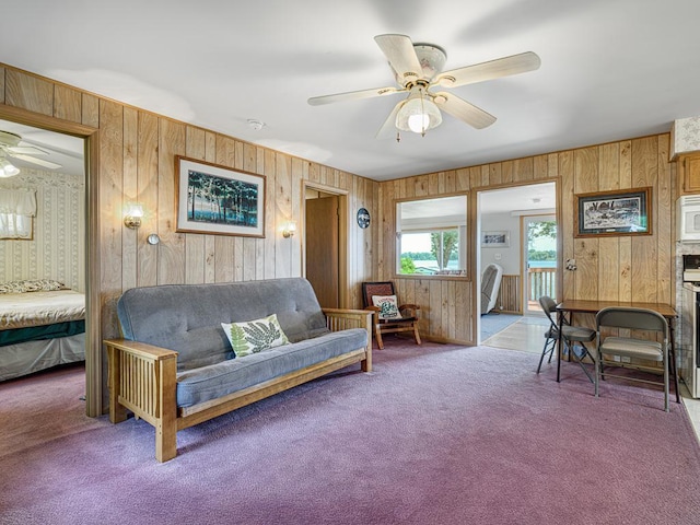 46427 Cambridge Dr, Stanchfield, MN 55080 - carpeted living area with a ceiling fan and wood walls