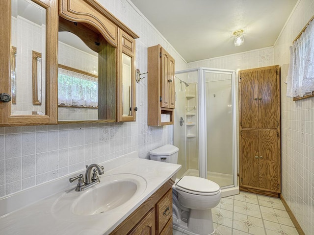 46427 Cambridge Dr, Stanchfield, MN 55080 - full bathroom with tile walls, toilet, a shower stall, vanity, and tile patterned floors