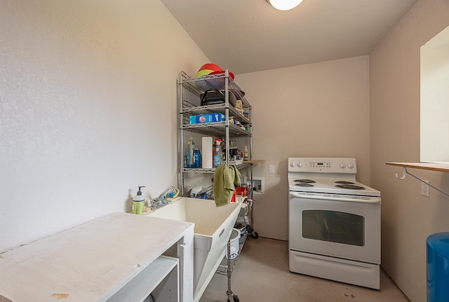1409 Wabedo Pass Rd NE, Longville, MN 56655 - kitchen featuring electric range, finished concrete floors, and open shelves