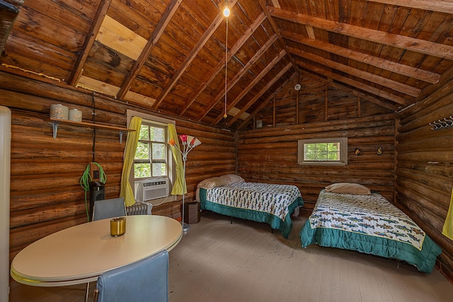 1409 Wabedo Pass Rd NE, Longville, MN 56655 - bedroom featuring cooling unit, wood ceiling, hardwood / wood-style flooring, and log walls