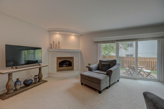 8517 143rd St W, Apple Valley, MN 55124 - carpeted living room with crown molding, a fireplace, recessed lighting, and baseboards