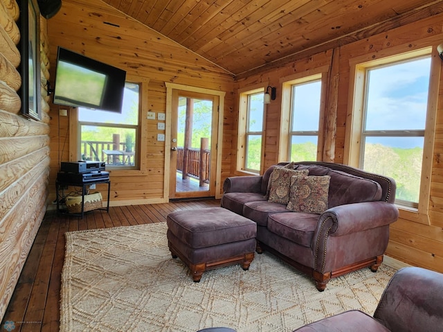 25712 15th Ave N, Highland Grove Twp, MN 56549 - living room featuring wood-type flooring, vaulted ceiling, wooden ceiling, and wood walls