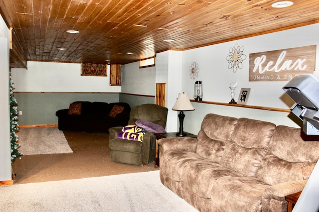 606 Center Ave N, Blooming Prairie, MN 55917 - living area featuring carpet floors, wooden ceiling, and crown molding