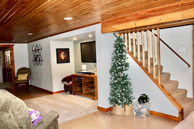 606 Center Ave N, Blooming Prairie, MN 55917 - living area featuring baseboards, wooden ceiling, stairs, and recessed lighting