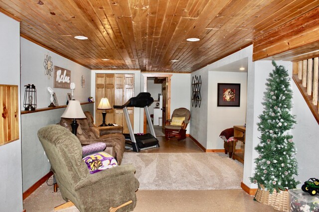 606 Center Ave N, Blooming Prairie, MN 55917 - living room with baseboards, wood ceiling, stairs, and ornamental molding