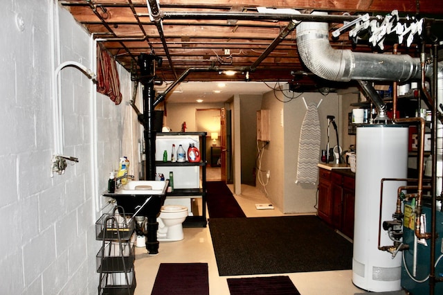 606 Center Ave N, Blooming Prairie, MN 55917 - below grade area featuring water heater, concrete block wall, and a sink