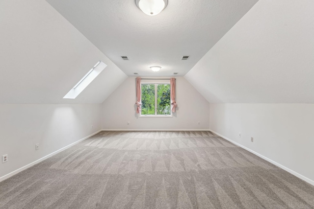 600 Sibley Ct, Mendota Heights, MN 55118 - bonus room with carpet, a skylight, lofted ceiling, baseboards, and a textured ceiling