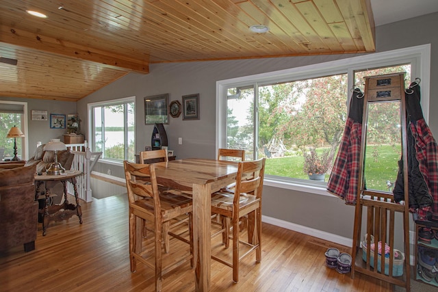 6823 Re Echo Ridge Dr NE, Remer, MN 56672 - dining room featuring plenty of natural light, hardwood / wood-style floors, baseboards, and wood ceiling