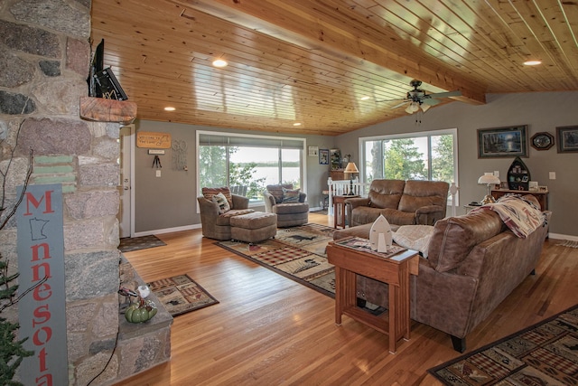 6823 Re Echo Ridge Dr NE, Remer, MN 56672 - living area featuring plenty of natural light, a ceiling fan, light wood-style floors, wood ceiling, and baseboards