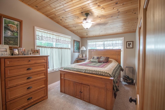 6823 Re Echo Ridge Dr NE, Remer, MN 56672 - bedroom featuring light carpet, wooden ceiling, vaulted ceiling, and baseboards