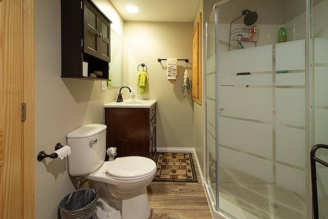 6823 Re Echo Ridge Dr NE, Remer, MN 56672 - bathroom with vanity, a shower stall, toilet, and wood finished floors