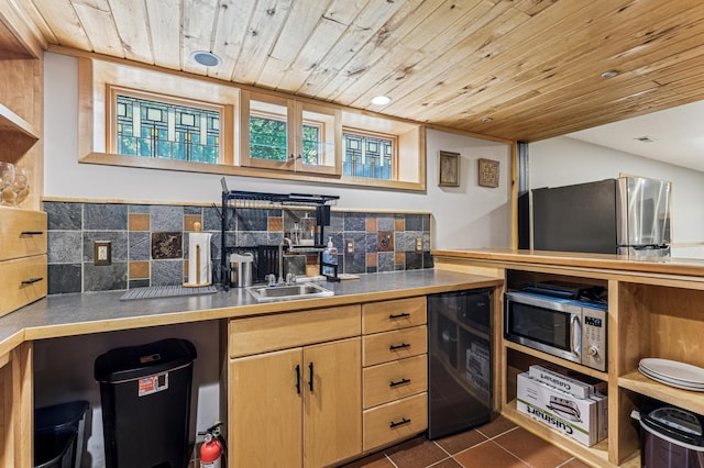 2665 Oriole Ave N, West Lakeland Twp, MN 55082 - kitchen featuring wood ceiling, stainless steel appliances, decorative backsplash, open shelves, and dark tile patterned floors