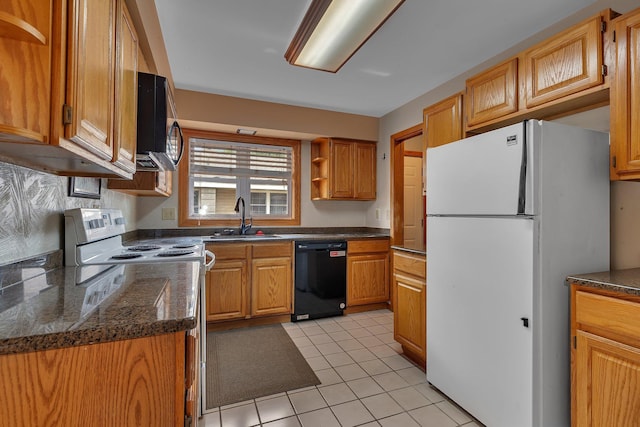 2007 8th St N, Saint Cloud, MN 56303 - kitchen with white appliances, open shelves, dark countertops, and light tile patterned floors