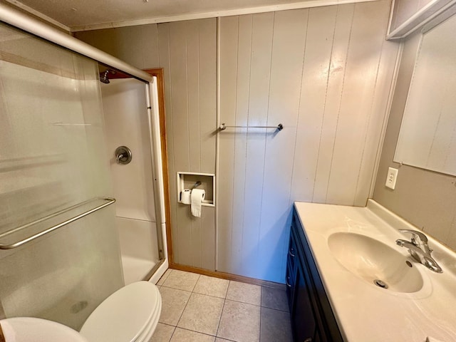 15373 Shawn St, Rocksbury Twp, MN 56701 - bathroom featuring a stall shower, vanity, toilet, and tile patterned flooring
