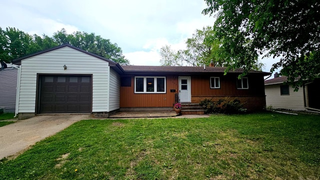 1309 Elm Ave N, Wheaton, MN 56296 - ranch-style home with concrete driveway, an attached garage, a front lawn, and brick siding