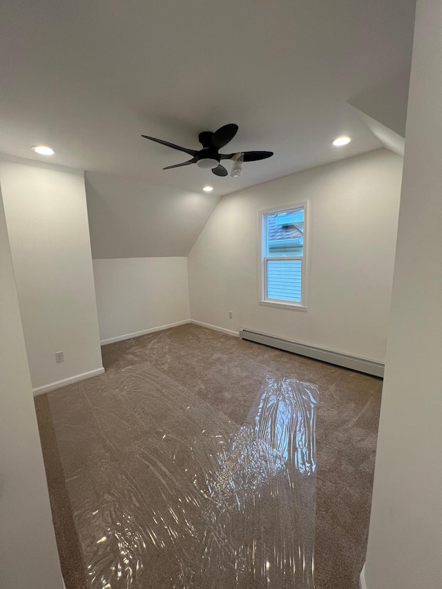 975 4th St E, Saint Paul, MN 55106 - bonus room featuring a baseboard radiator, carpet flooring, ceiling fan, vaulted ceiling, and recessed lighting