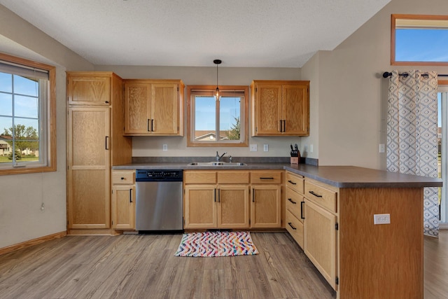 900 Isabella Ave, Clearwater, MN 55320 - kitchen with dishwasher, a sink, a peninsula, healthy amount of natural light, and a textured ceiling