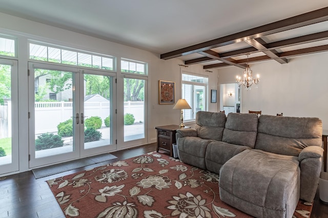 2105 7th Ave S, Saint Cloud, MN 56301 - living room featuring dark wood-style flooring, french doors, a chandelier, beam ceiling, and coffered ceiling