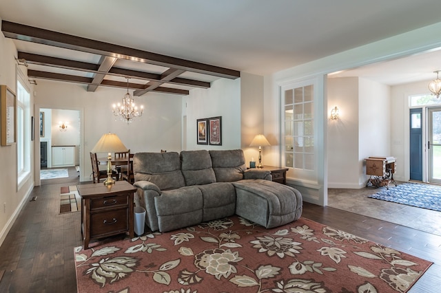 2105 7th Ave S, Saint Cloud, MN 56301 - living room with a chandelier, dark wood-style flooring, beamed ceiling, baseboards, and coffered ceiling