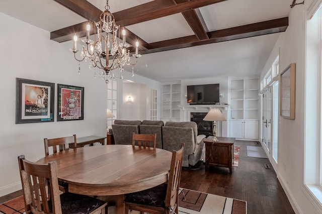 2105 7th Ave S, Saint Cloud, MN 56301 - dining area with dark wood-style flooring, beamed ceiling, a glass covered fireplace, baseboards, and built in features