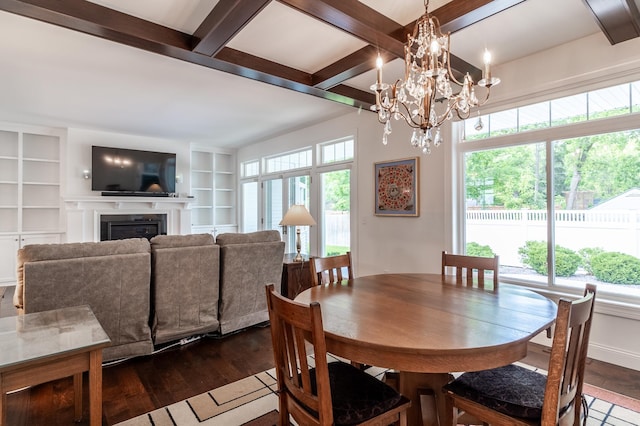 2105 7th Ave S, Saint Cloud, MN 56301 - dining room featuring dark wood-style flooring, a fireplace, beamed ceiling, a chandelier, and built in features