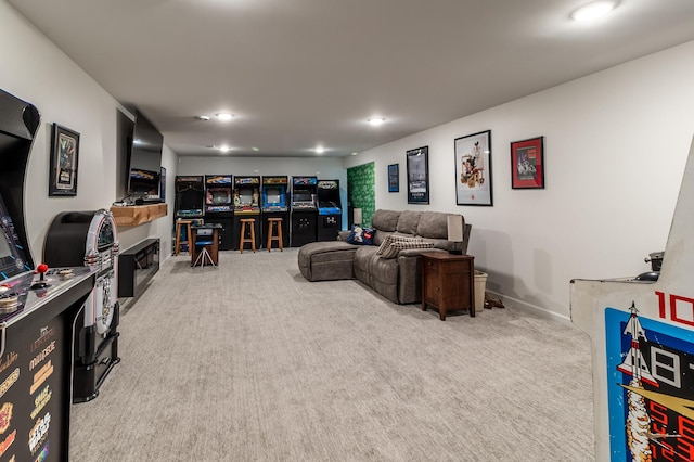 2105 7th Ave S, Saint Cloud, MN 56301 - carpeted living area featuring baseboards, a fireplace, and recessed lighting