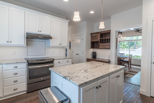 2105 7th Ave S, Saint Cloud, MN 56301 - kitchen featuring stainless steel range with electric stovetop, under cabinet range hood, a chandelier, dark wood finished floors, and white cabinets