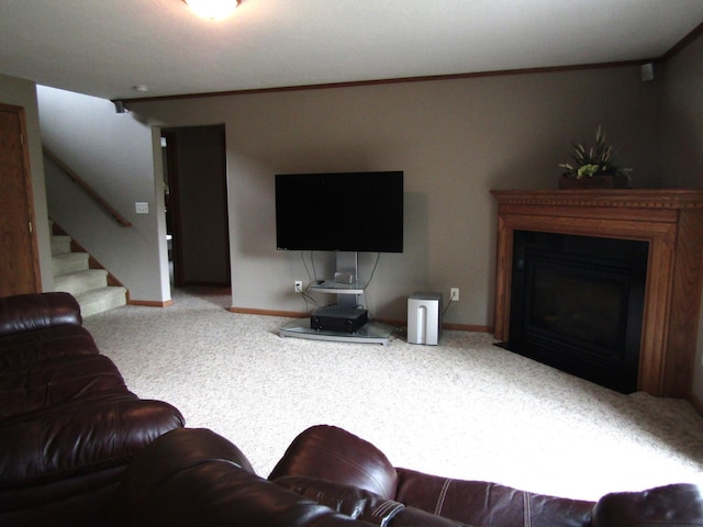 180 Bordson St, Appleton, MN 56208 - living room with stairs, carpet, baseboards, a glass covered fireplace, and ornamental molding