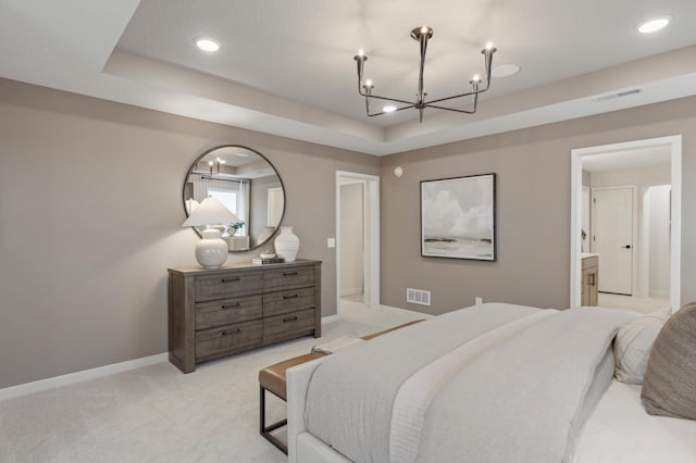 14625 105th Pl N, Maple Grove, MN 55369 - bedroom featuring a chandelier, a tray ceiling, light colored carpet, recessed lighting, and baseboards