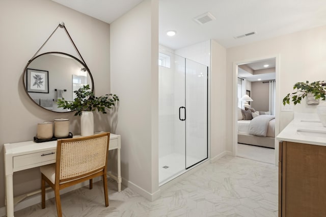 14625 105th Pl N, Maple Grove, MN 55369 - full bathroom featuring vanity, marble finish floors, a shower stall, ensuite bathroom, and baseboards