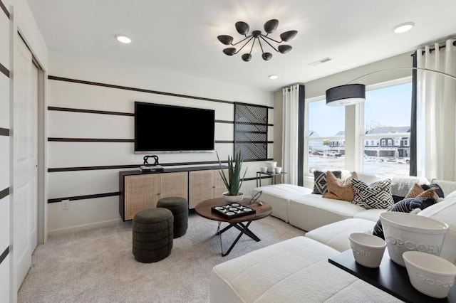 14655 105th Pl N, Maple Grove, MN 55369 - living room featuring a chandelier, light carpet, recessed lighting, and baseboards