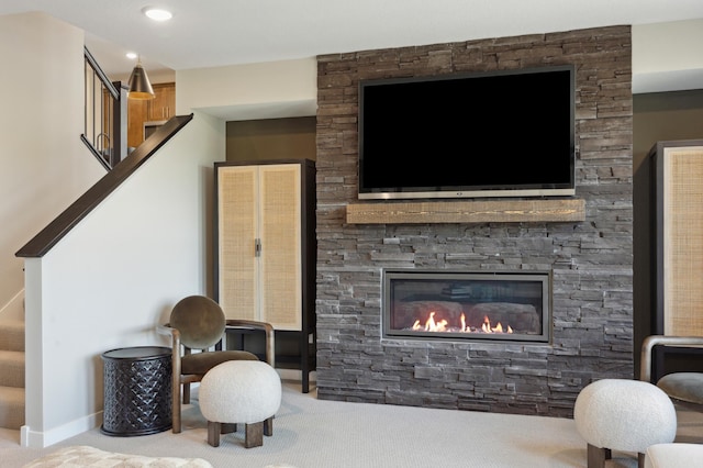 10635 Ithaca Ln N, Maple Grove, MN 55369 - living room featuring carpet floors, stairs, recessed lighting, a fireplace, and baseboards