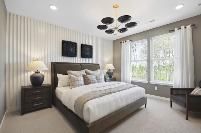 10635 Ithaca Ln N, Maple Grove, MN 55369 - bedroom featuring baseboards, light carpet, a chandelier, and recessed lighting