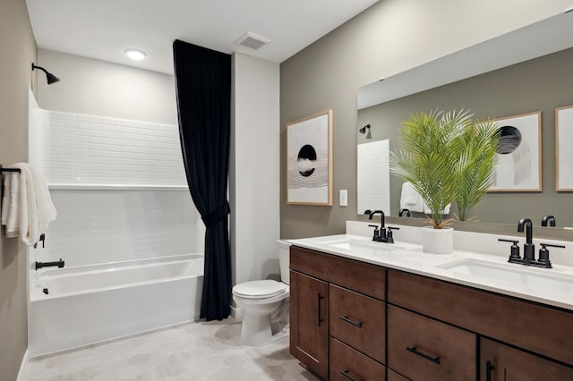 10635 Ithaca Ln N, Maple Grove, MN 55369 - full bathroom featuring shower / tub combo with curtain, double vanity, toilet, and tile patterned flooring