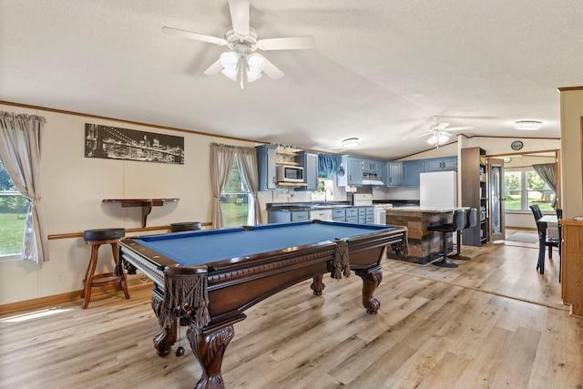 4799 Bridgewater Rd, Fair Haven Twp, MN 55382 - playroom featuring a ceiling fan, light wood-type flooring, a textured ceiling, pool table, and vaulted ceiling