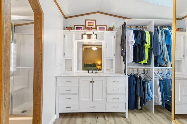 4799 Bridgewater Rd, Fair Haven Twp, MN 55382 - full bathroom with wood finished floors, a stall shower, a walk in closet, lofted ceiling, and vanity