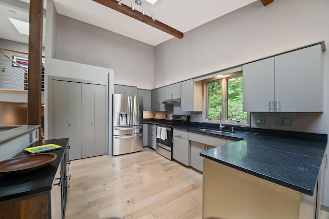 N7775 920th St, River Falls, WI 54022 - kitchen featuring stainless steel appliances, dark countertops, a high ceiling, light wood finished floors, and under cabinet range hood